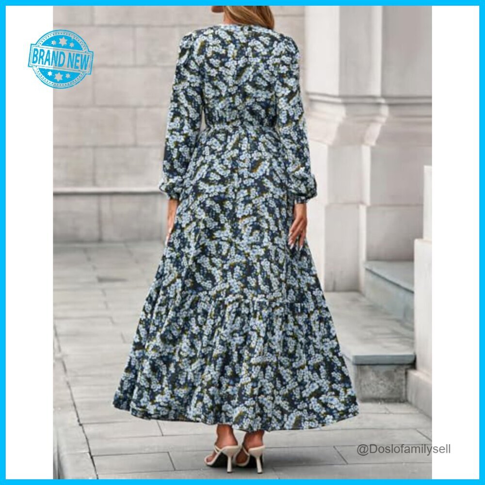 Boho Maxi Dress Floral Long Sleeve V-Neck Button Pockets Flowy Wedding Guest - Picture 3 of 7